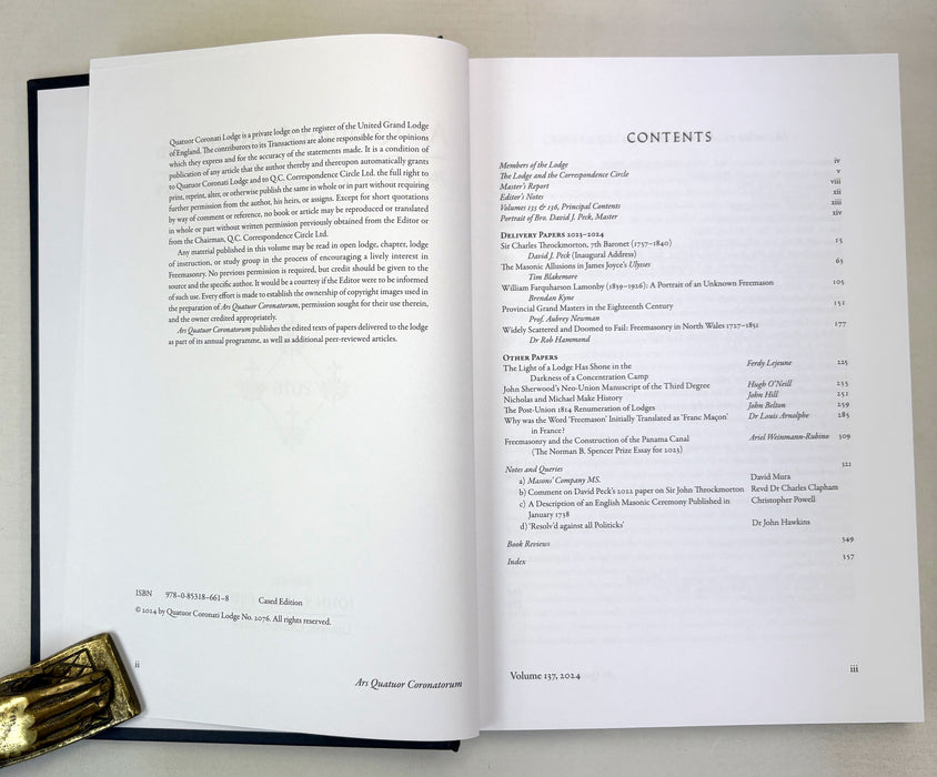 Freemasonry; Ars Quatuor Coronatorum; The Transactions of the Quatuor Coronati Lodge No. 2076, Volume 137, 2024. Edited by John Wade.