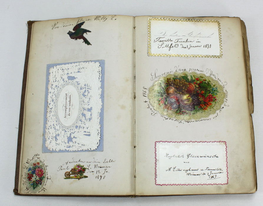 French language Poetry scrapbook, Augustine Ruchet, c. 60 Manuscript / pictorial pages, 1870