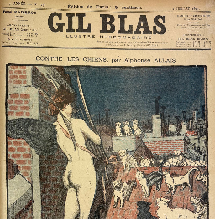 Vintage newspaper page featuring 'Gil Blas Illustré Hebdomadaire' with a illustration of a man and dogs.