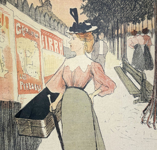 Vintage-style illustration of a woman with a suitcase on a street, looking at posters.