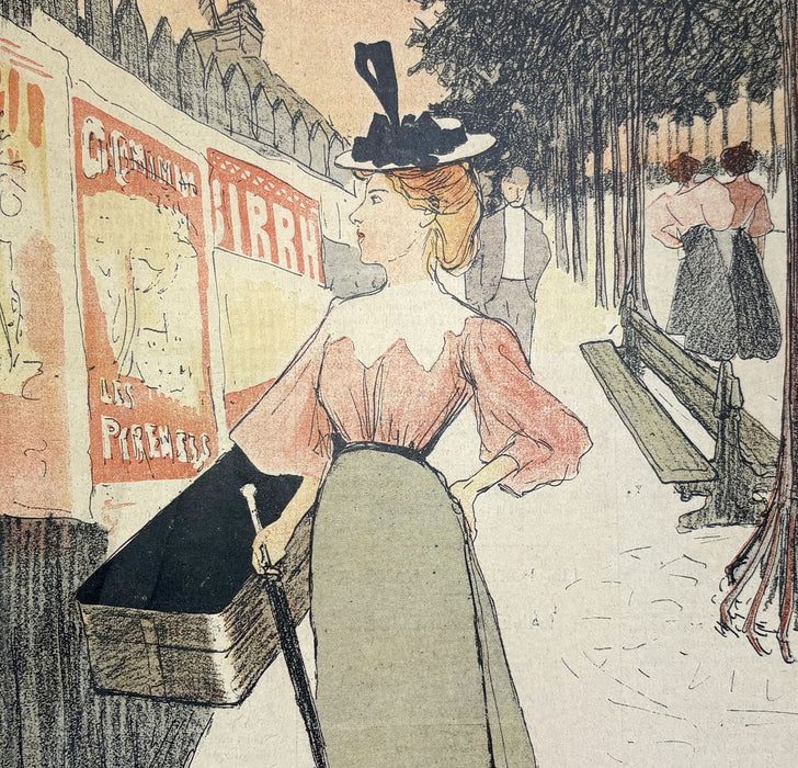 Vintage-style illustration of a woman with a suitcase on a street, looking at posters.