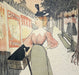 Vintage-style illustration of a woman with a suitcase on a street, looking at posters.