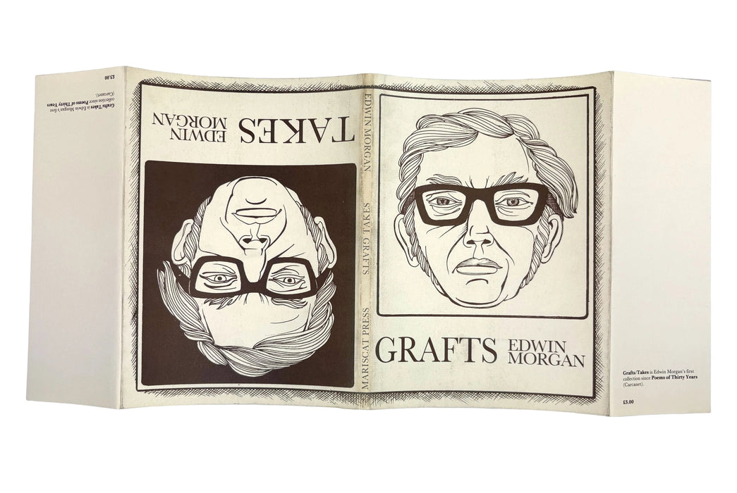 Open book with illustrations of a man's face and text 'Grafts Edwin Morgan' on a light blue background