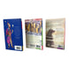 Three Harry Potter book back covers displayed upright on a white studio background, showing the blue cover with a wizard illustration, a silver-and-white cover with castle artwork, and a beige cover with a creature illustration.