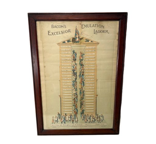 A framed vintage print titled 'Bacon's Excelsior Emulation Ladder' showing a tall illustrated building with people climbing it, enclosed in a dark wood frame against a plain light background.