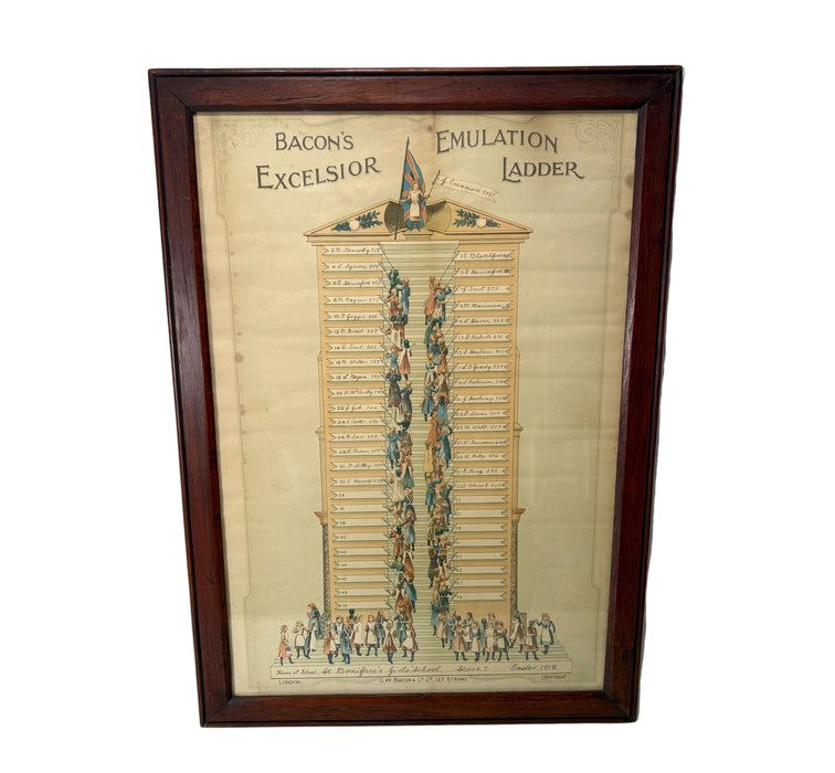 A framed vintage print titled 'Bacon's Excelsior Emulation Ladder' showing a tall illustrated building with people climbing it, enclosed in a dark wood frame against a plain light background.