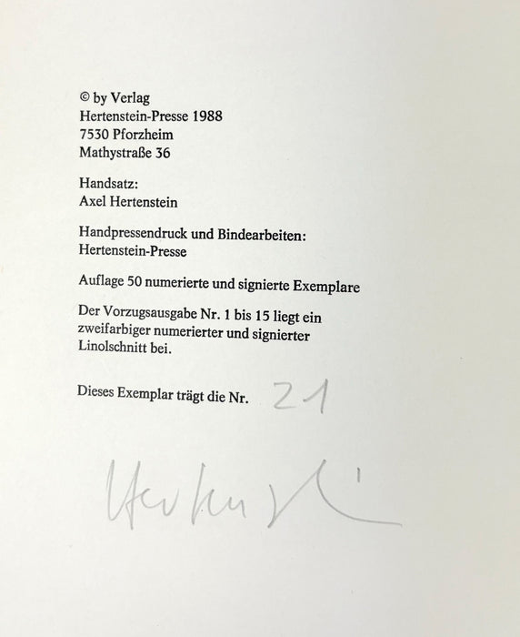 Ich Will Ihn, by Alexander Merz, Hertenstein-Presse 1988, Signed and numbered 21/50