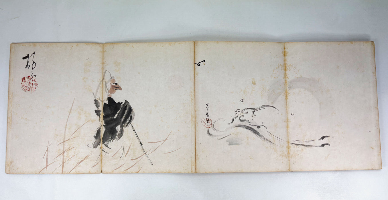 Japanese Hand-Painted Gajō (Painting Album) — Gachō Ichi (画帳一), c. 1890–1920. A collaborative Meiji–Taishō painting album, Kobe / Kansai region. Orihon.