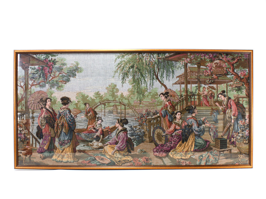 A fine Petit Point Needlepoint framed canvas of Japanese Ladies in a Traditional Setting, Large Size; 48cm x 95cm