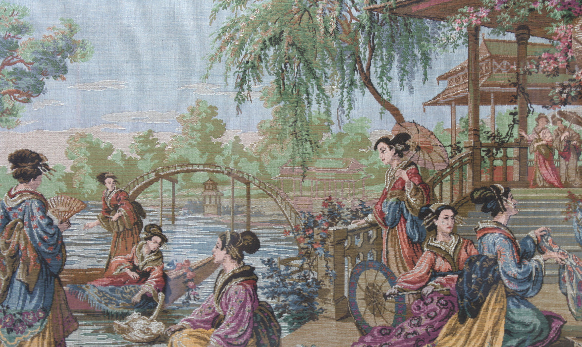 A fine Petit Point Needlepoint framed canvas of Japanese Ladies in a Traditional Setting, Large Size; 48cm x 95cm