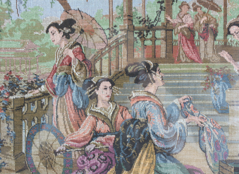 A fine Petit Point Needlepoint framed canvas of Japanese Ladies in a Traditional Setting, Large Size; 48cm x 95cm