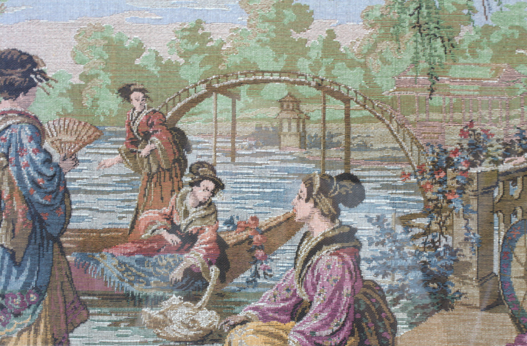 A fine Petit Point Needlepoint framed canvas of Japanese Ladies in a Traditional Setting, Large Size; 48cm x 95cm