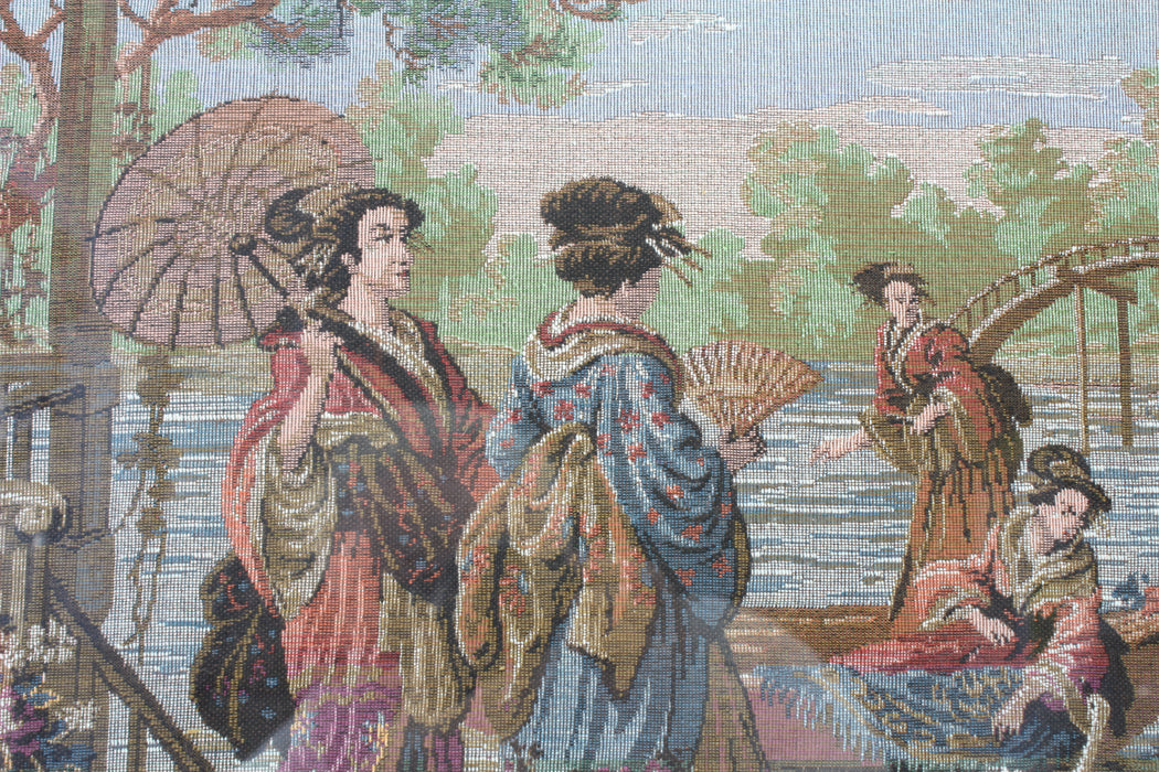 A fine Petit Point Needlepoint framed canvas of Japanese Ladies in a Traditional Setting, Large Size; 48cm x 95cm