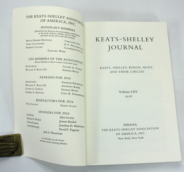 Keats-Shelley Journal, Volume LXV 2016, signed by contributor, William St. Clair