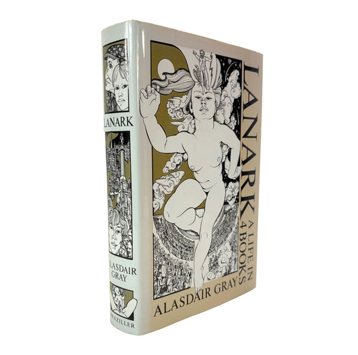 A vintage hardcover book titled 'Tanark' by Alasdair Gray, standing upright on a white background. The cover features an Art Deco style illustration of a nude figure in black and beige tones.