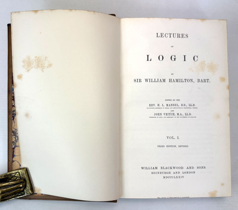 Lectures on Logic, by Sir William Hamilton, 1874. Prize binding signed by John Veitch (editor). In 2 volumes.