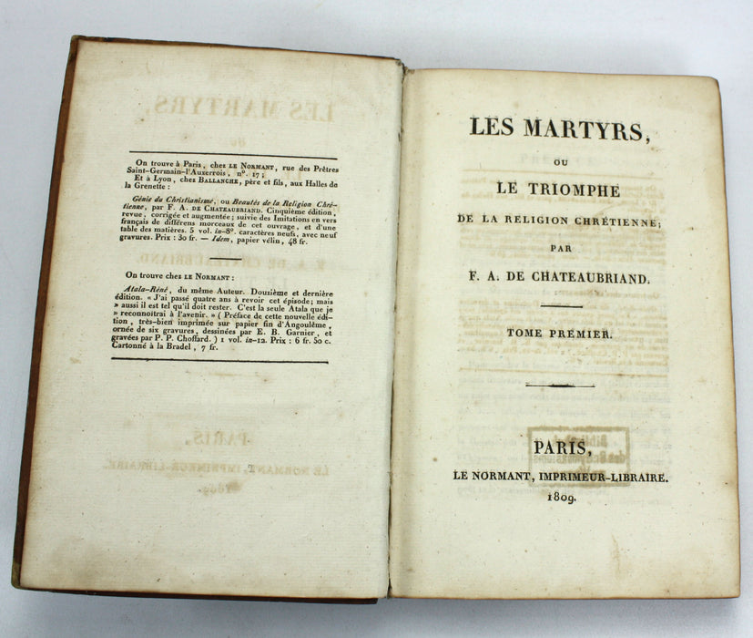 Les Martyrs, ou le Triomphe de la Religion Chrétienne, François René de Chateaubriand, 2 vol. set, 1809