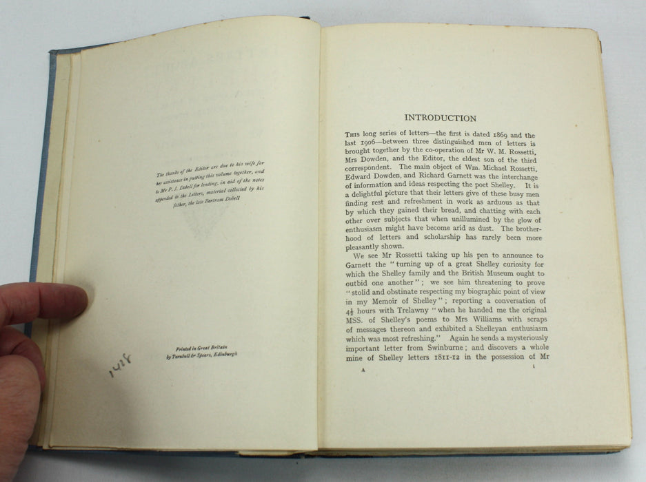 Letters About Shelley; Interchanged by Three Friends – Edward Dowden, Richard Garnett and W. Michael Rossetti., R.S. Garnett, 1917