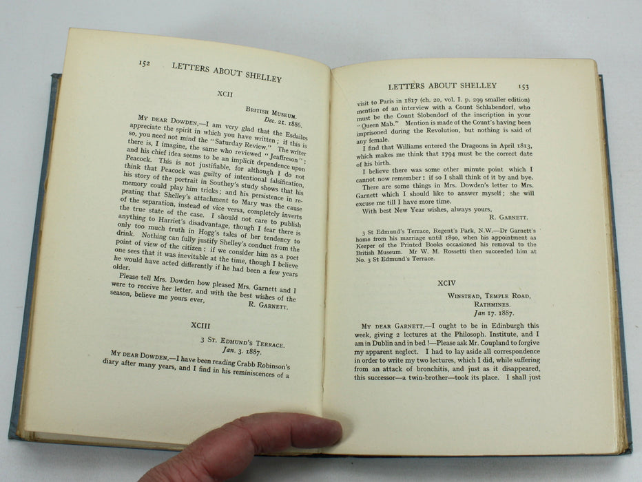 Letters About Shelley; Interchanged by Three Friends – Edward Dowden, Richard Garnett and W. Michael Rossetti., R.S. Garnett, 1917