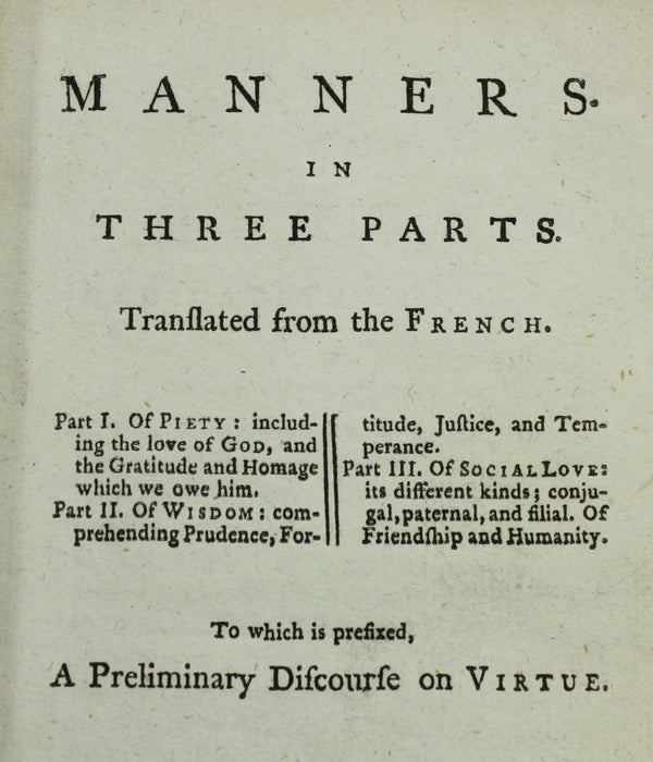 Manners in Three Parts. Translated from the French, Francois-Vincent Toussaint, 1770