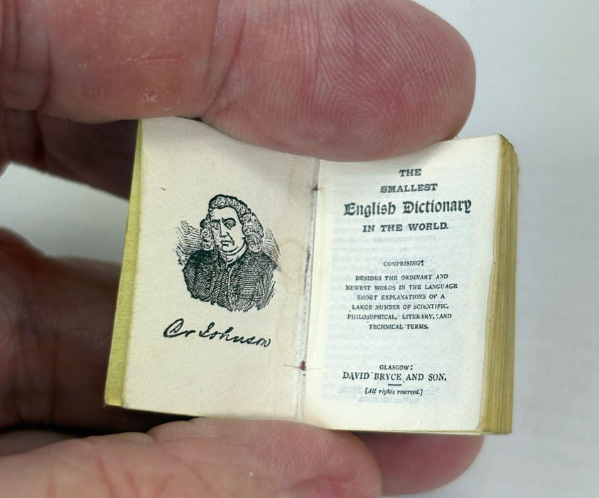 Miniature Book; Bryce's English Dictionary; The Smallest English Dictionary in the World, David Bryce, Glasgow, c. 1900. Pears promotional issue with original magnifying leather wallet