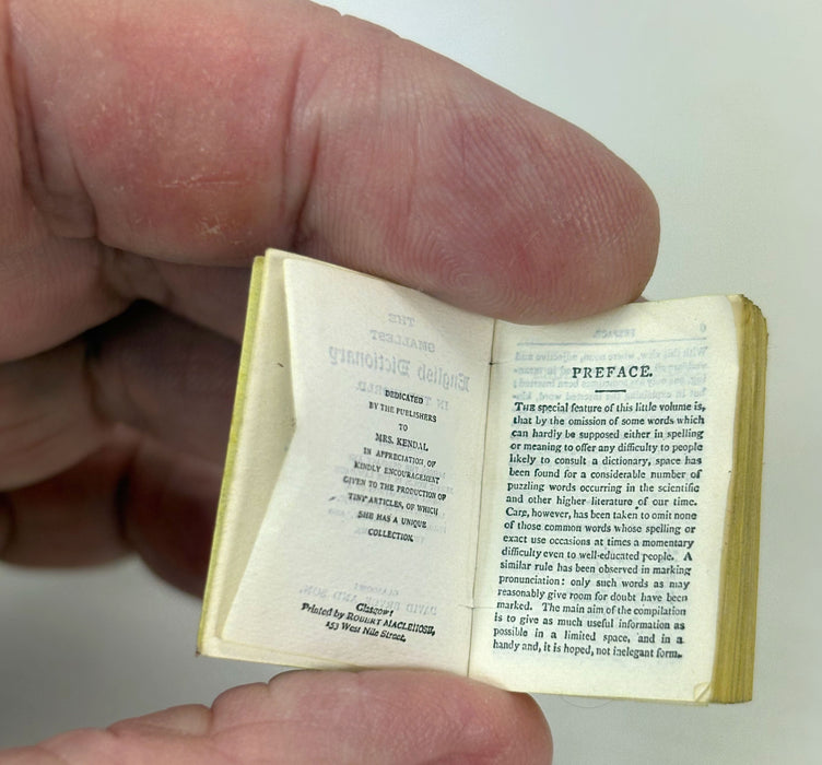 Miniature Book; Bryce's English Dictionary; The Smallest English Dictionary in the World, David Bryce, Glasgow, c. 1900. Pears promotional issue with original magnifying leather wallet