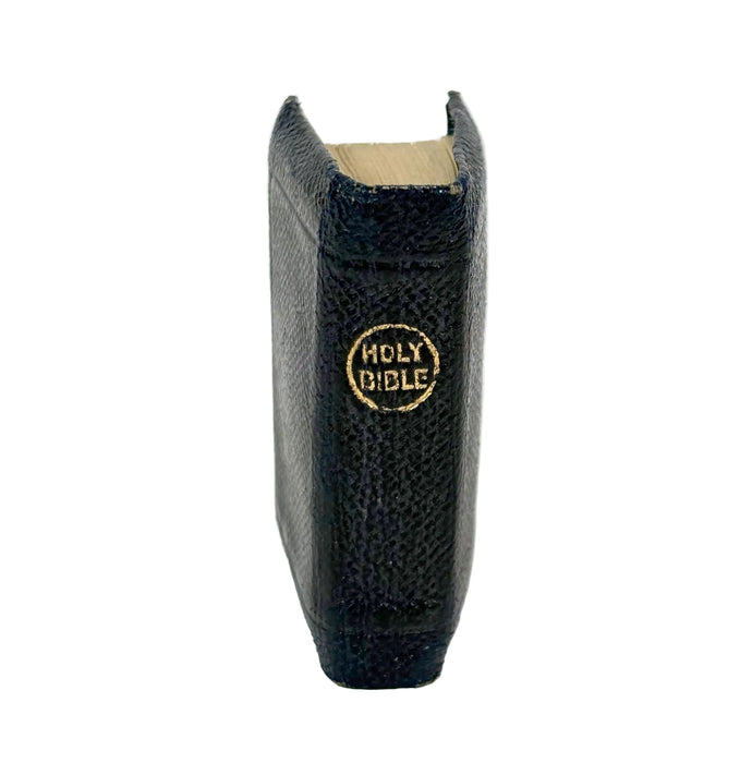 A small black textured Holy Bible standing upright, showing the spine with a gold circular 'HOLY BIBLE' label and a light tan page visible at the top, photographed on a white background.