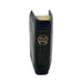 A small black textured Holy Bible standing upright, showing the spine with a gold circular 'HOLY BIBLE' label and a light tan page visible at the top, photographed on a white background.