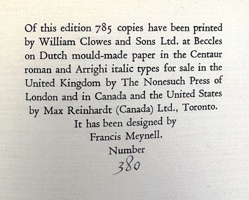 Nonesuch Press; The Phanseys of William Cavendish, Marquis of Newcastle addressed to Margaret Lucas and her Letters in Reply, Douglas Grant, 1956, numbered limited edition