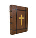 Brown leather-bound book with a gold cross on a white background
