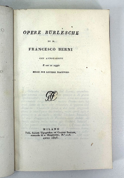 Opere Burlesche di M. Francesco Berni, Milano, dalla Società Tipografica de' Classici Italiani, 1806