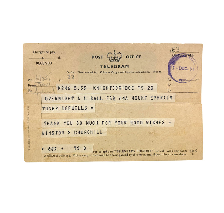 Original Telegram from Winston Churchill to A.L. Ball, his bank manager. 1961