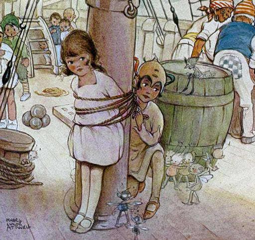 Vintage-style illustration showing a young girl tied to a ship's mast with ropes, with a boy crouching beside her near a large barrel. Other children and crew members are visible in the background on the ship deck.