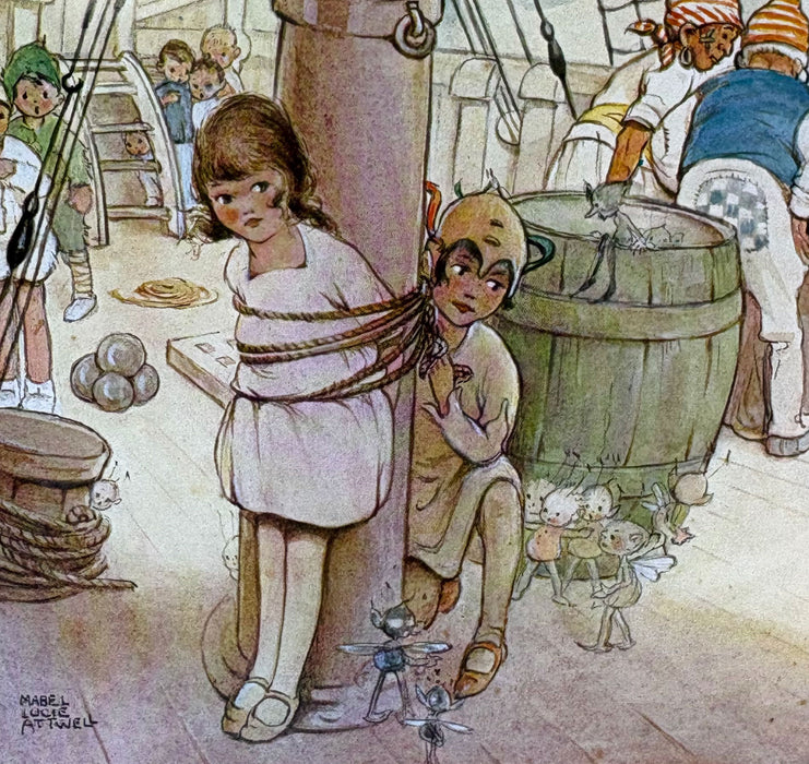 Vintage-style illustration showing a young girl tied to a ship's mast with ropes, with a boy crouching beside her near a large barrel. Other children and crew members are visible in the background on the ship deck.