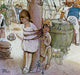 Vintage-style illustration showing a young girl tied to a ship's mast with ropes, with a boy crouching beside her near a large barrel. Other children and crew members are visible in the background on the ship deck.