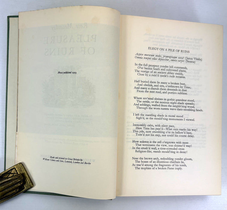 Pleasure of Ruins, first edition 1953, by Rose Macaulay. With interesting ephemera including  her autograph correspondence to Roger Senhouse, Publisher, with 2 manuscript pages by him, & William St Clair provenance