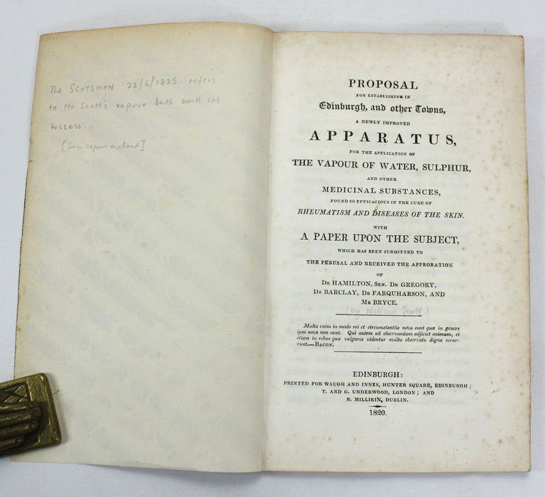 Proposal for Establishing in Edinburgh, and other Towns, a Newly Improved Apparatus, for the Application of The Vapour of Water, Sulphur, and Other Medical Substances, William Scott, 1820