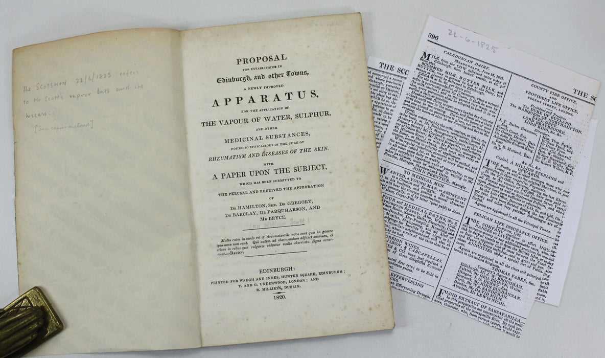 Proposal for Establishing in Edinburgh, and other Towns, a Newly Improved Apparatus, for the Application of The Vapour of Water, Sulphur, and Other Medical Substances, William Scott, 1820