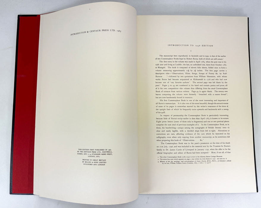 Robert Burns's Commonplace Book 1783-1785; Reproduced in Facsimile from the Poet's Manuscript with Transcript, Centaur Press, 1965