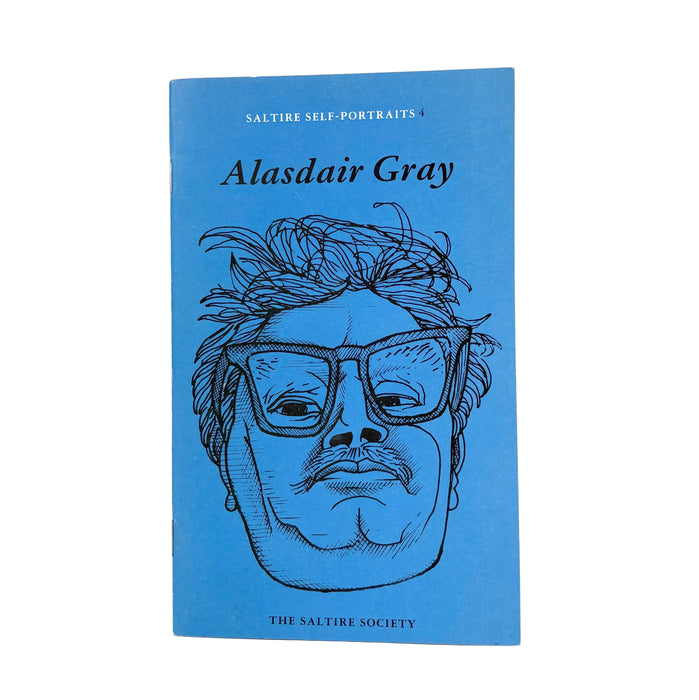 A book titled 'Alasdair Gray' from the 'Saltire Self-Portraits' series, published by The Saltire Society. The book cover is a solid medium blue with a black line-art illustration of a man wearing glasses.