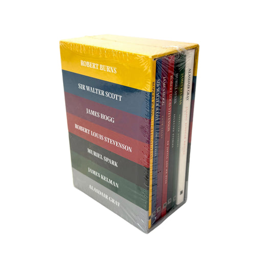 A boxed set of six mystery novels wrapped in clear plastic, featuring a yellow top section and colored bands for the authors' names, photographed on a white background.