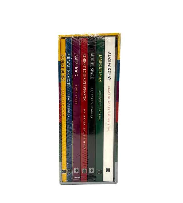 A boxed set of six books in a clear plastic shrink wrap, standing upright against a plain white background. The spines show titles including Robert Louis Stevenson, H.