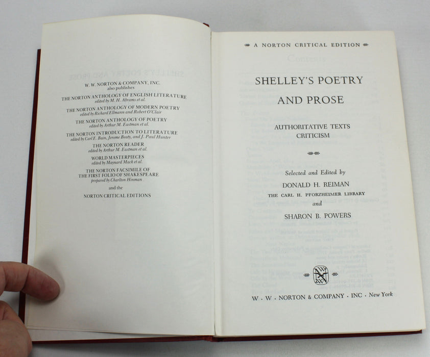 Shelley's Poetry and Prose; Authorative Texts Criticism, Donald H. Reiman & Sharon B. Powers, 1977, Signed