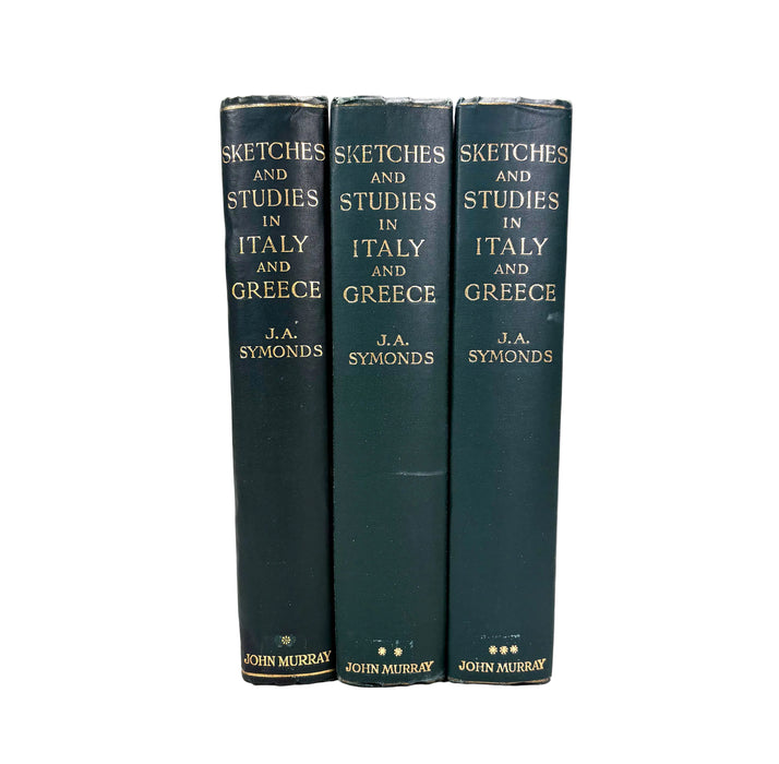 Three books titled 'Sketches and Studies in Italy and Greece' by J.A. Symonds on a white background