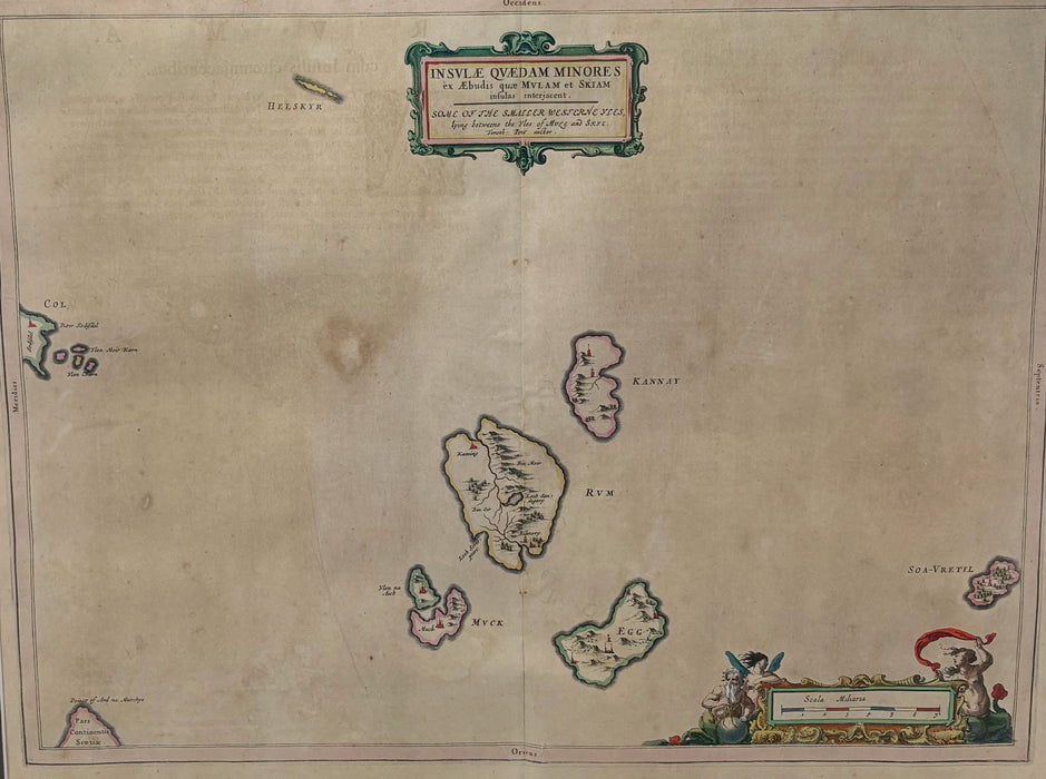 Joan Blaeu / Timothy Pont - Insulae Quaedam Minores ex Aebudis quae Mulam et Skiam insulas interjacent. Some of the Smaller Westerne Yles lying betweene the Yles of Mule and Skye. Amsterdam, c.1654. Hand-coloured engraved map.