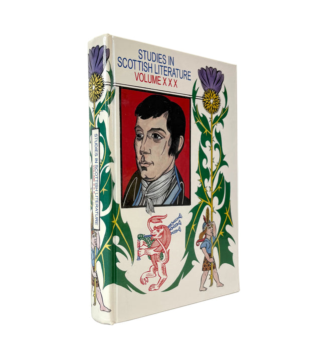 A hardcover book titled 'Studies in Scottish Literature Volume XXX' with an illustrated cover featuring a portrait, purple flowers, green leaves, and a red figure, photographed against a plain white background.