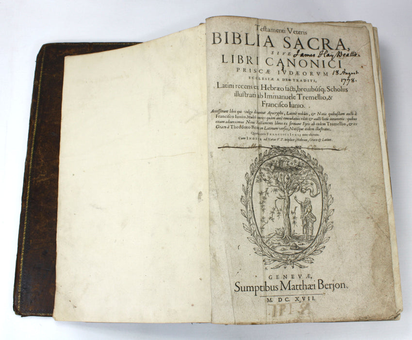 Testamenti Veteris Biblia Sacra, Genevae, Matthaei Berjon, 1617. Early Bible from Geneva, in Latin.