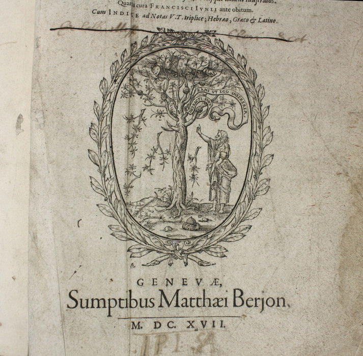 Testamenti Veteris Biblia Sacra, Genevae, Matthaei Berjon, 1617. Early Bible from Geneva, in Latin.