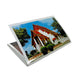 A stack of printed postcards or photo cards shown at an angle on a plain white background, with the top card displaying a colorful photograph of a Thai-style temple building under a blue sky.