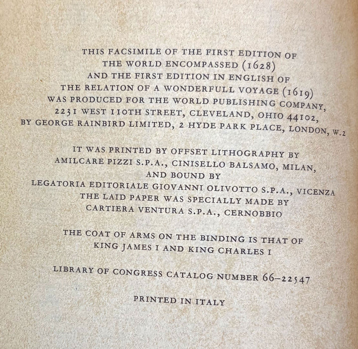 The World Encompassed by Sir Francis Drake, with The Relation of a Wonderful Voyage made by William Cornelius Schouten of Horne, Facsimiles of 1628 & 1619 printings, in vellum, with solander box and leather slipcase by J Fellows
